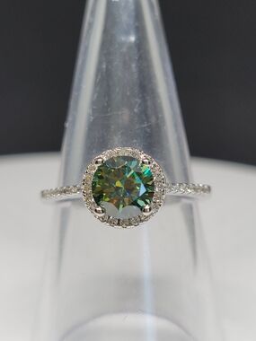 Green Halo Moissanite Solitaire Ring in 14k White GP